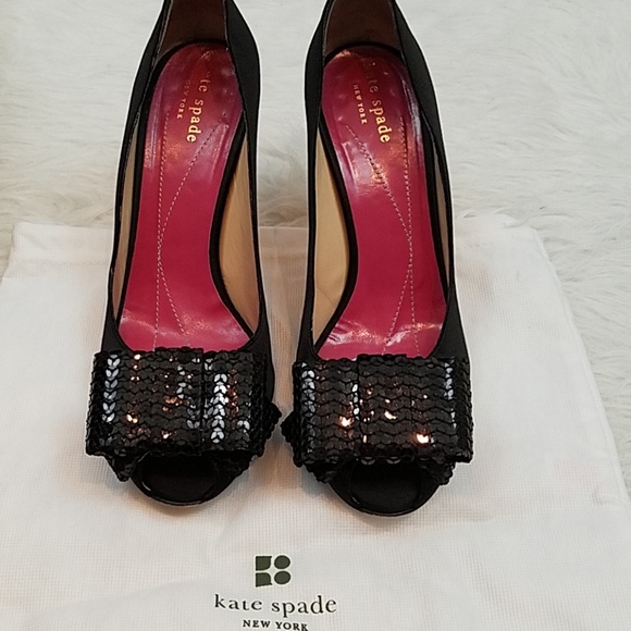 kate spade Shoes - Kate Spade Genie Black Satin peep toe heels